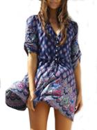 Romwe V Neck Elbow Sleeve Print Shirt Dress