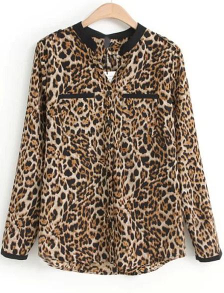 Romwe Leopard V Neck Pockets Loose Blouse
