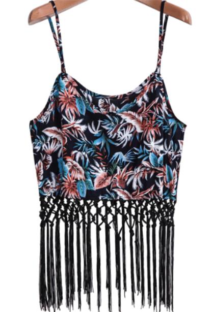 Romwe Spaghetti Strap Floral Tassel Cami Top