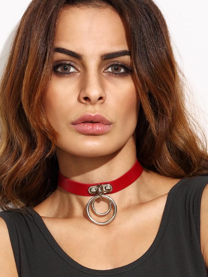 Romwe Red Faux Leather Double O Ring Choker Necklace