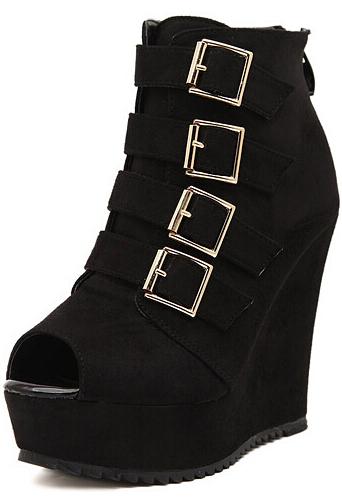 Romwe Black Buckle Strap Peep Toe Wedges Pumps
