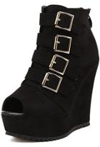 Romwe Black Buckle Strap Peep Toe Wedges Pumps