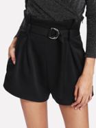 Romwe Self Belted Boxed Pleated Shorts