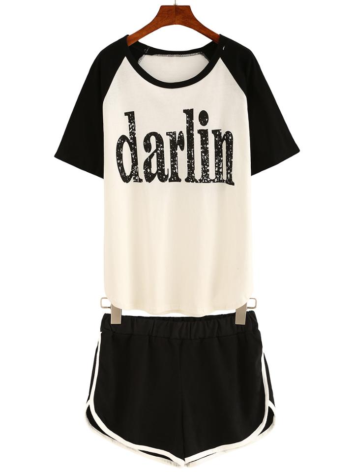 Romwe Varsity Print Raglan T-shirt With Shorts