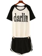 Romwe Varsity Print Raglan T-shirt With Shorts