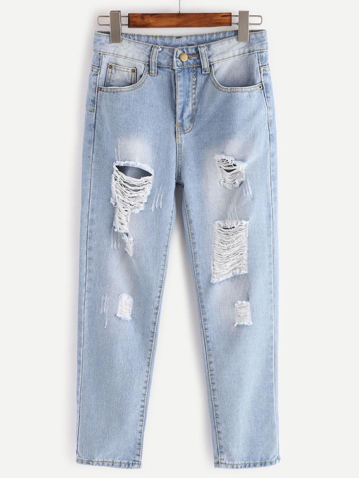 Romwe Blue Ripped Bleach Wash Straight Jeans