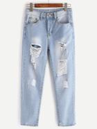 Romwe Blue Ripped Bleach Wash Straight Jeans