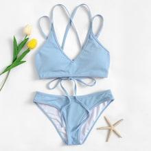 Romwe Lace-up Back Top With Ribbed Bikini Set