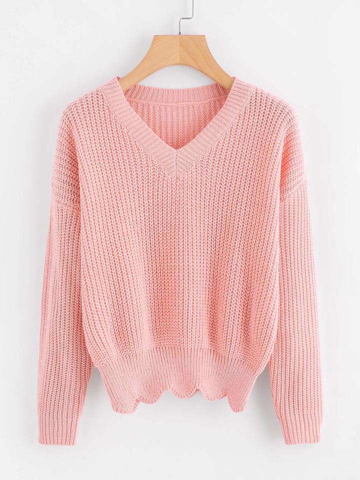 Romwe V Neckline Scallop Hem Sweater
