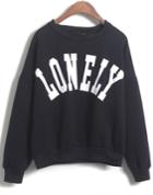 Romwe Lonely Print Crop Loose Black Sweatshirt