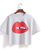Romwe Striped Lip Print Crop White T-shirt
