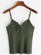 Romwe Green Lace Up Front Ribbed Knitted Cami Top