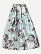Romwe Mint Green Flower Print Box Pleated Skirt