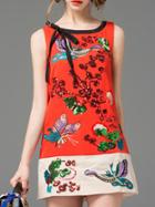 Romwe Red Bow-tie Sequined Embroidered Dress