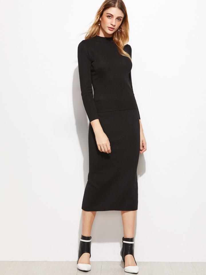 Romwe Black Mock Neck Jersey Sweater