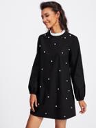Romwe Contrast Frill Neck Pearl Embellished Dress