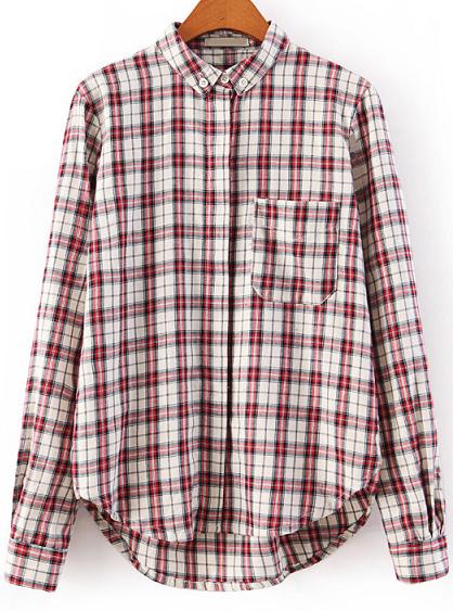 Romwe Plaid Lapel Dipped Hem Blouse