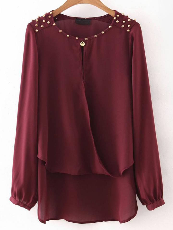 Romwe Burgundy Dipped Hem Rivet Sheer Blouse