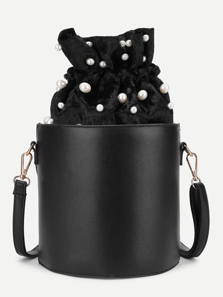 Romwe Faux Pearl Detail Pu Bucket Bag
