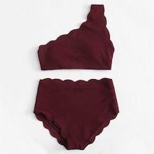 Romwe Scalloped Trim One Shoulder Top With High-waist Bikini