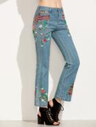 Romwe Blue Embroidered Crop Flare Jeans