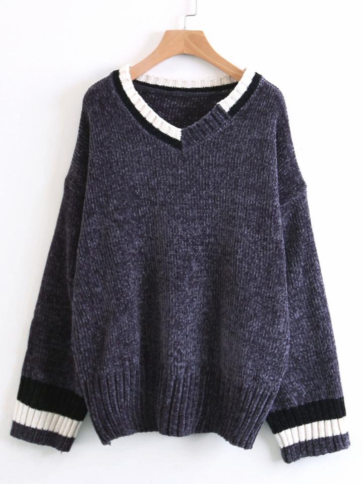 Romwe Striped Trim Jumper Sweater