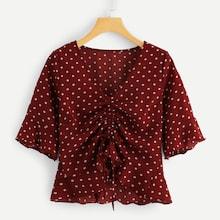 Romwe Drawstring Front Polka Dot Blouse