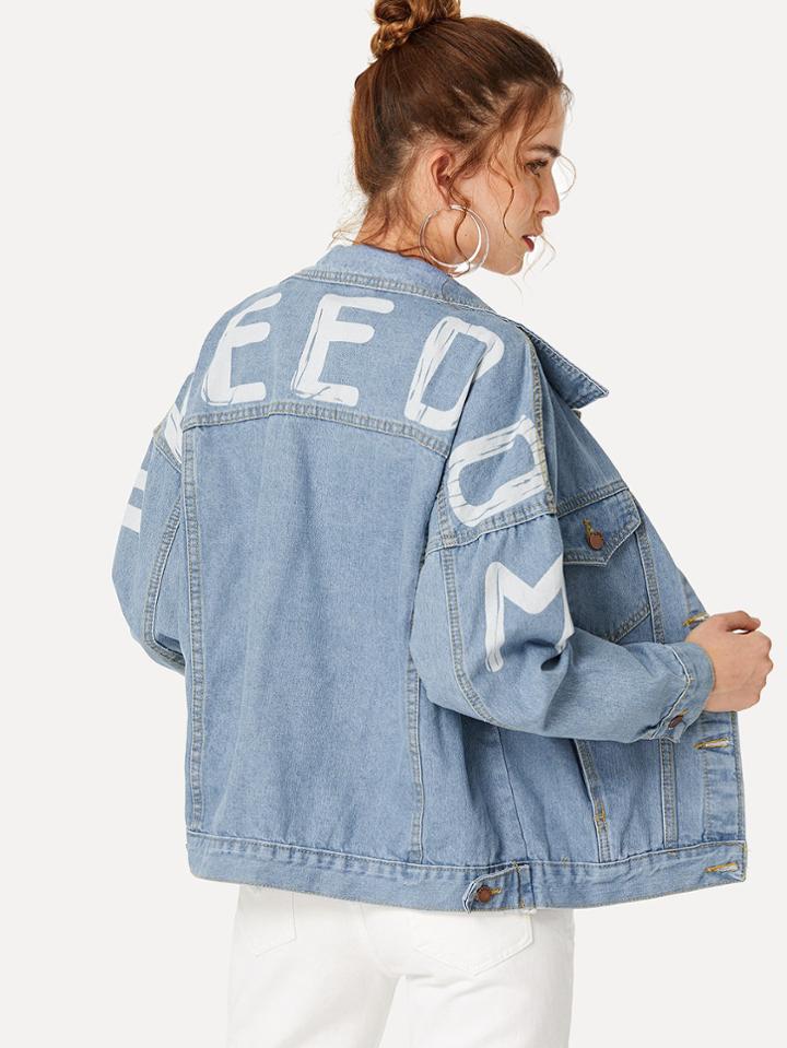 Romwe Letter Print Drop Shoulder Denim Jacket