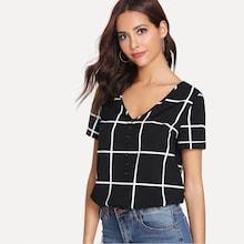 Romwe Buttoned V Neck Grid Top