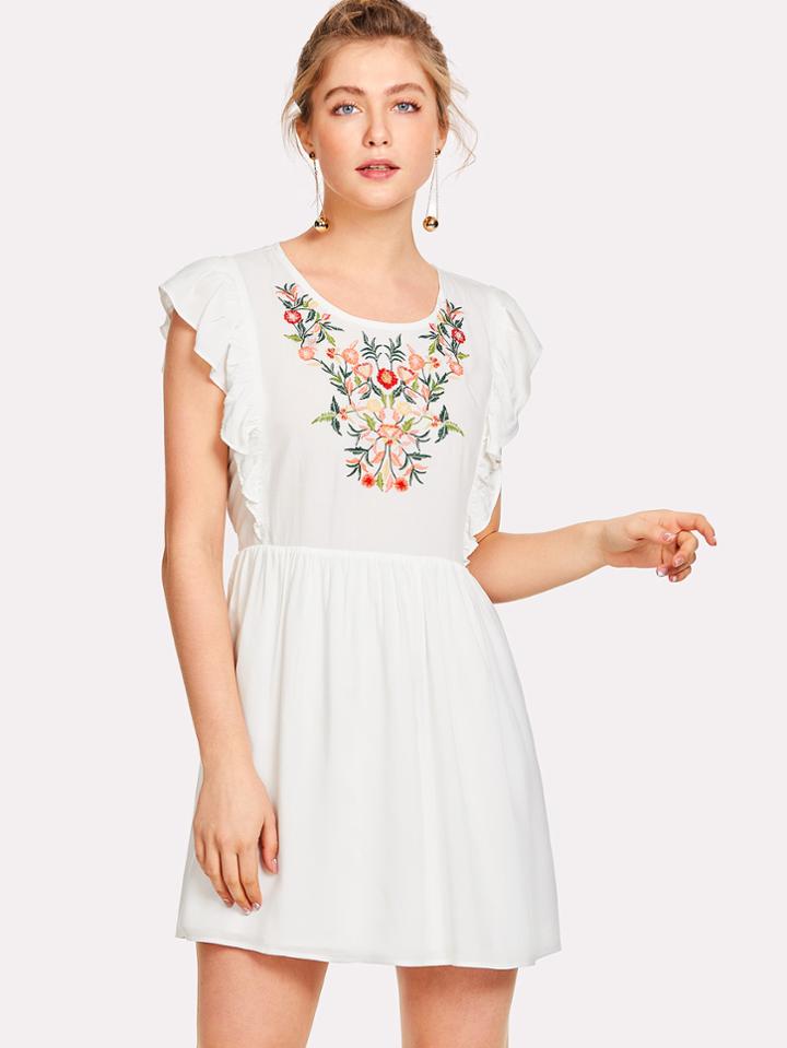Romwe Flower Embroidered Ruffle Smock Dress
