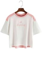 Romwe Contrast Letters Embroidered Pink T-shirt