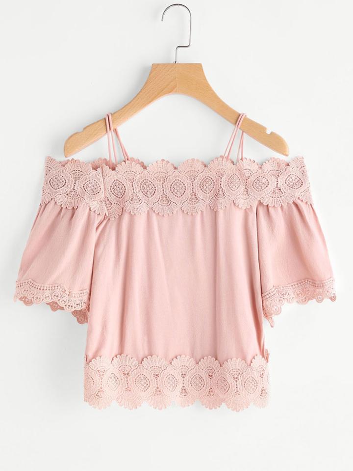 Romwe Open Shoulder Scalloped Hem Contrast Lace Blouse