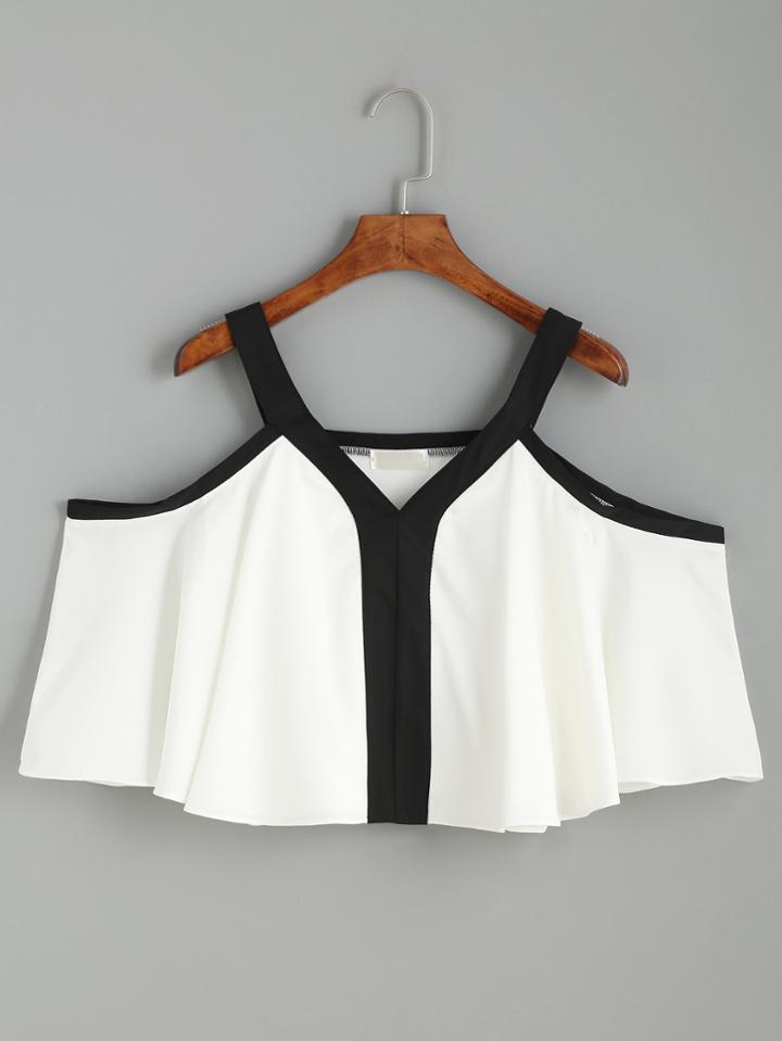Romwe White Contrast Trim Cold Shoulder Top