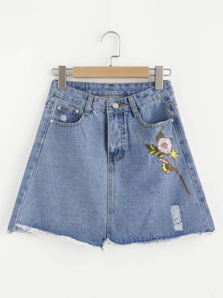 Romwe Floral Embroidered Raw Cut Fray Hem Ripped Skirt