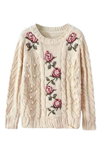 Romwe Flower Embroidered Cream Jumper
