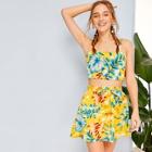 Romwe Tropical Print Shirred Cami Top & Skirt