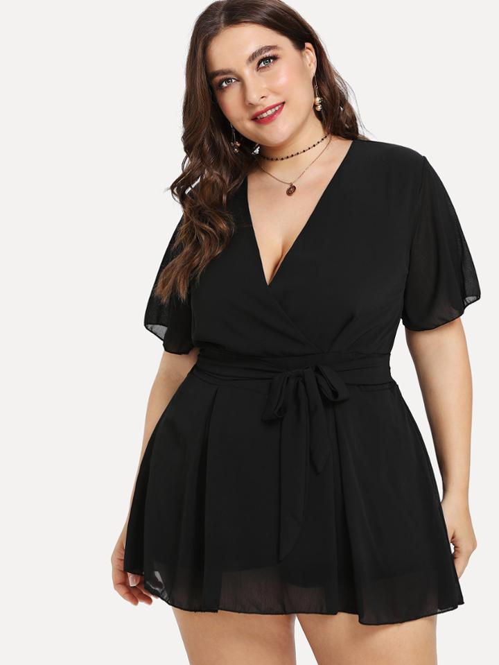Romwe Deep V Neckline Knot Detail Romper