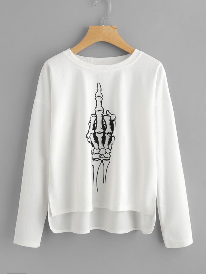 Romwe Skeleton Hands Printed Dip Hem Tee