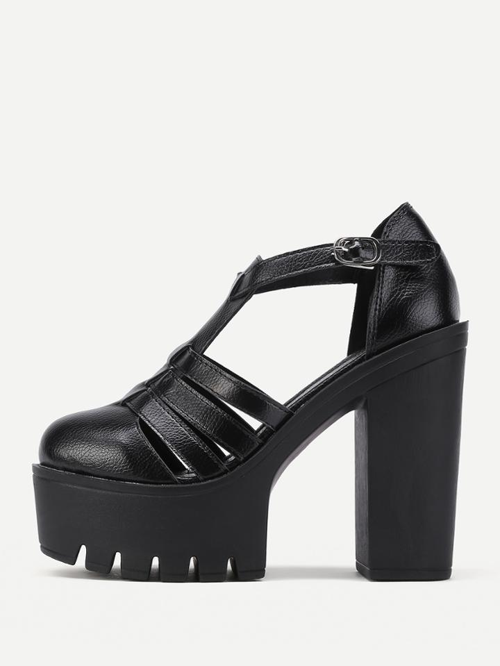 Romwe Caged Design Platform Pu Heeled Shoes