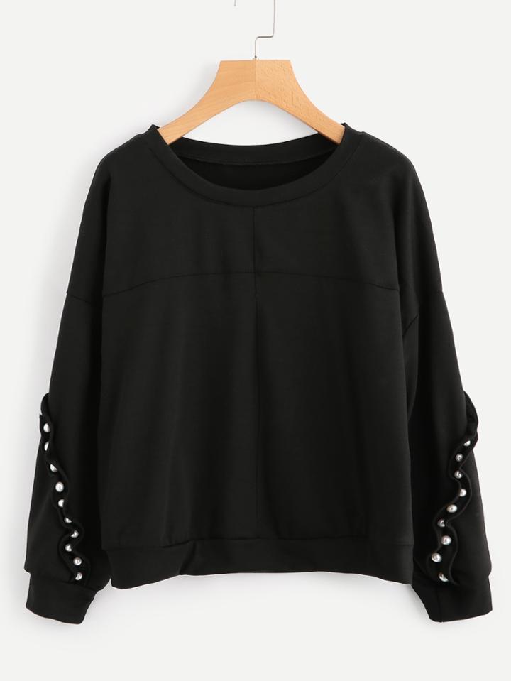 Romwe Frill Detail Pearl Sleeve Sweatshirt