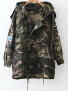 Romwe Army Green Embroidery Detail Hooded Camouflage Coat
