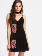 Romwe Black Embroidered Flower Applique Velvet Cami Dress With Belt