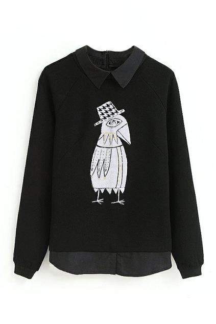 Romwe Asymmetric Bird Print Black Blouse