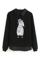 Romwe Asymmetric Bird Print Black Blouse
