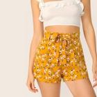 Romwe Ditsy Floral Paperbag Waist Belted Shorts