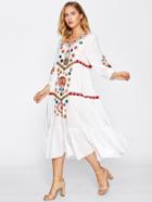 Romwe V-neckline Flower Embroidered Tiered Peasant Dress
