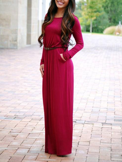 Romwe Burgundy Long Sleeve Pockets Maxi Dress