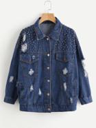 Romwe Destroyed Beaded Detail Denim Jacket