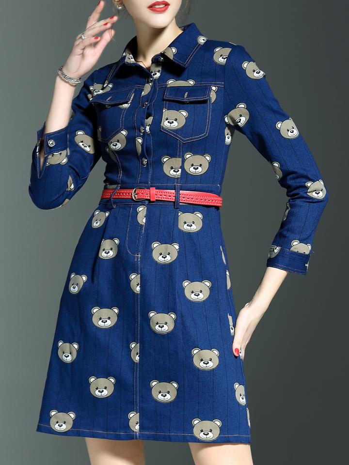 Romwe Blue Lapel Bears Print Belted Pockets Dress