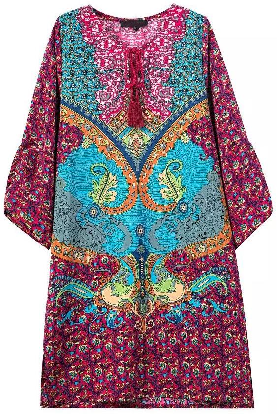 Romwe Red Tie-neck Vintage Floral Loose Dress